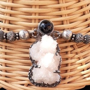 Black Onyx necklace with Druzy Quartz pendant